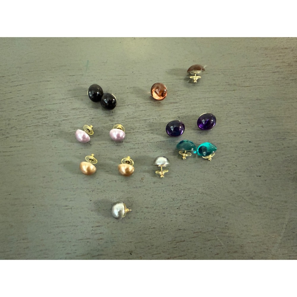Vintage Assorted Stud Earring Lot Faux Pearl Jewel Tone Cabochon Multi Pair Set